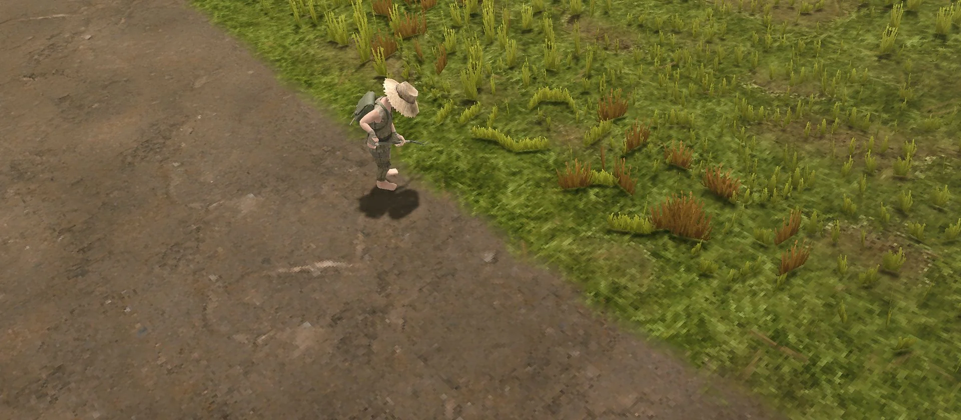 Yugopunk player character mid-swing with a Pitchfork, showing the contrast between rough unprepared terrain and freshly tilled farmable soil