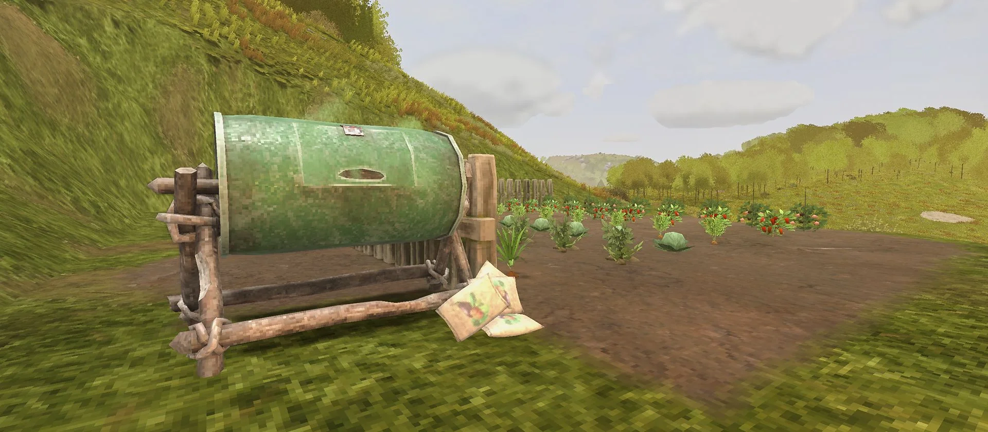 Yugopunk Composter base device with a fertilizer bag beside it, garden plot visible in the background, showing the organic waste to fertilizer convers