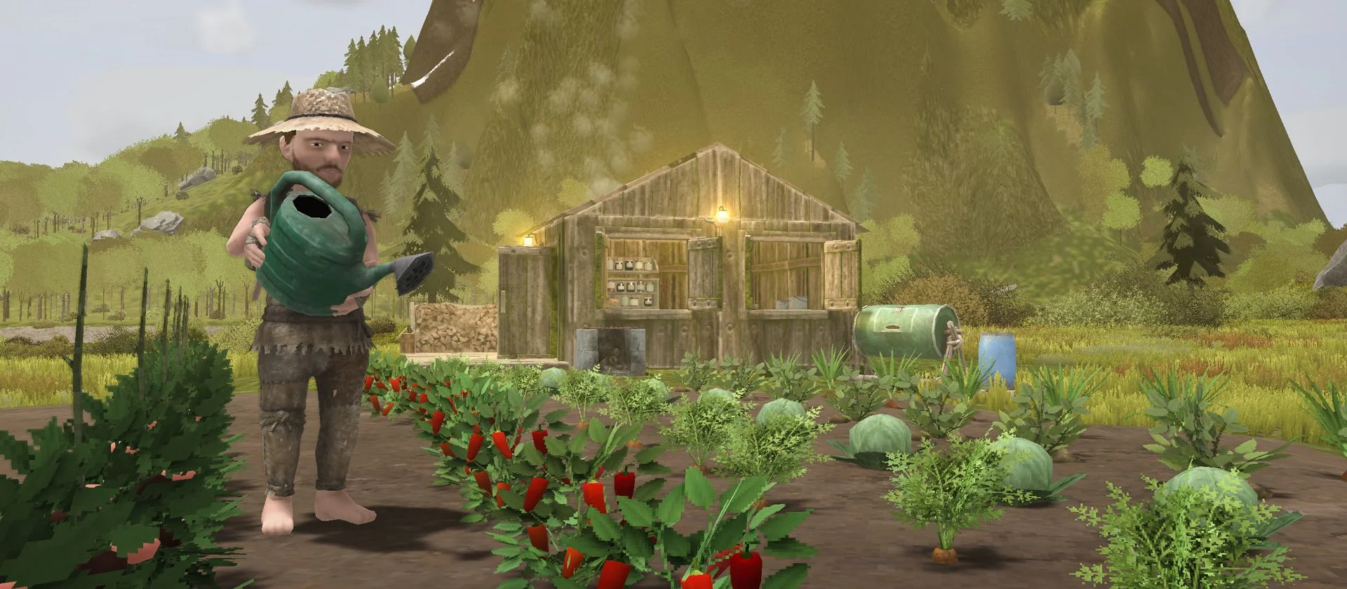 Yugopunk farming system overview showing a fully built garden plot with multiple crops growing, wooden base structure visible in the background