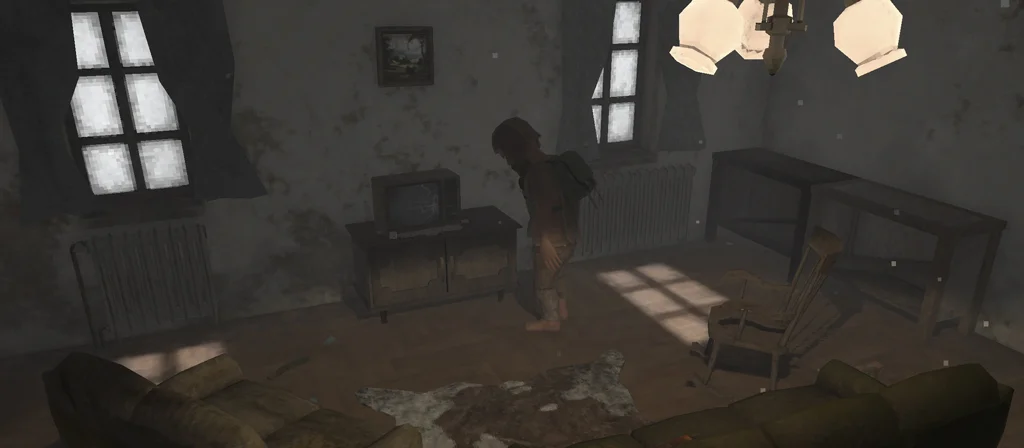 Player inside a dungeon or abandoned building. Dark interior, flashlight visible.