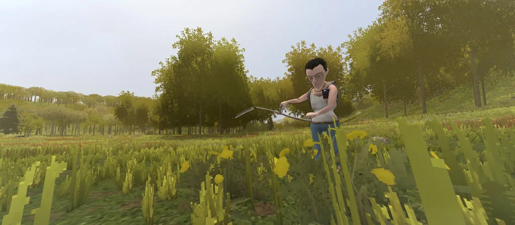 Player using a scythe or sickle on overgrown grass or bushes. Open field or meadow setting, natural daylight.