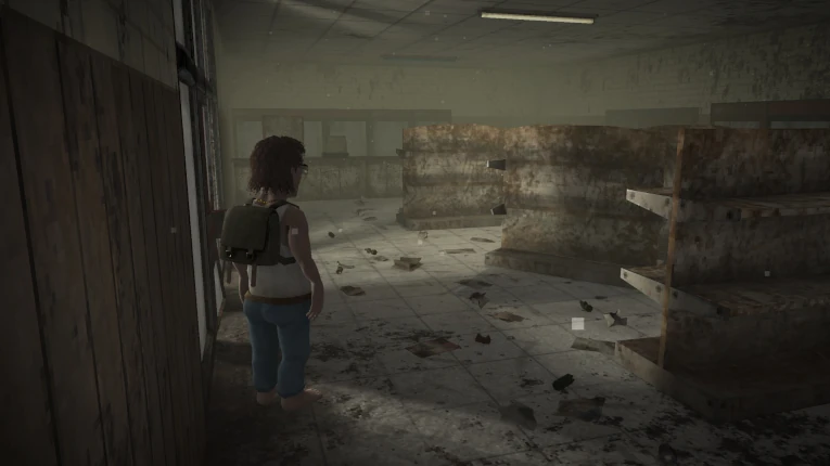 Abandoned gas station scene from Yugopunk showing a player exploring a destroyed, post-apocalyptic dungeon
