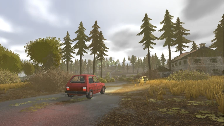 A lone car travels through a forested road in the post-catastrophe world of Yugopunk
