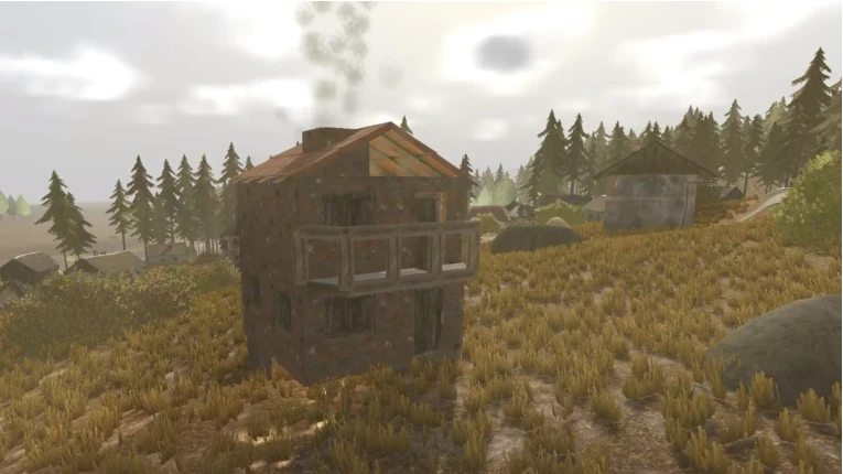 Yugopunk base-building scene showing a player’s house with smoke from the chimney on a sunny hillside