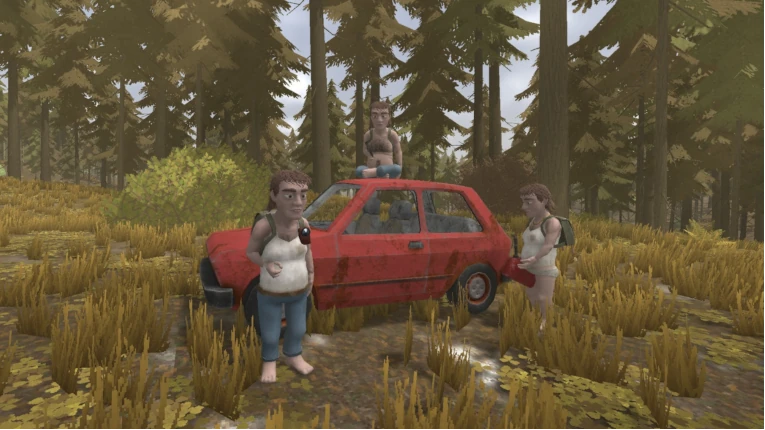 Cooperative survival scene from Yugopunk showing multiple players sitting on a car after a catastrophe