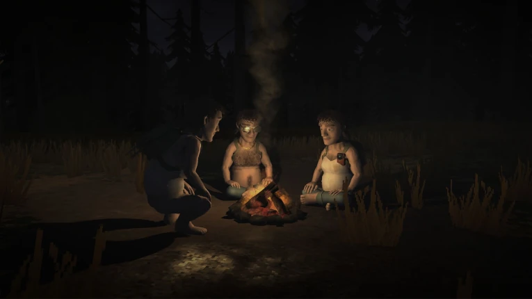 Yugopunk community scene showing players around a campfire at night in a cooperative survival setting